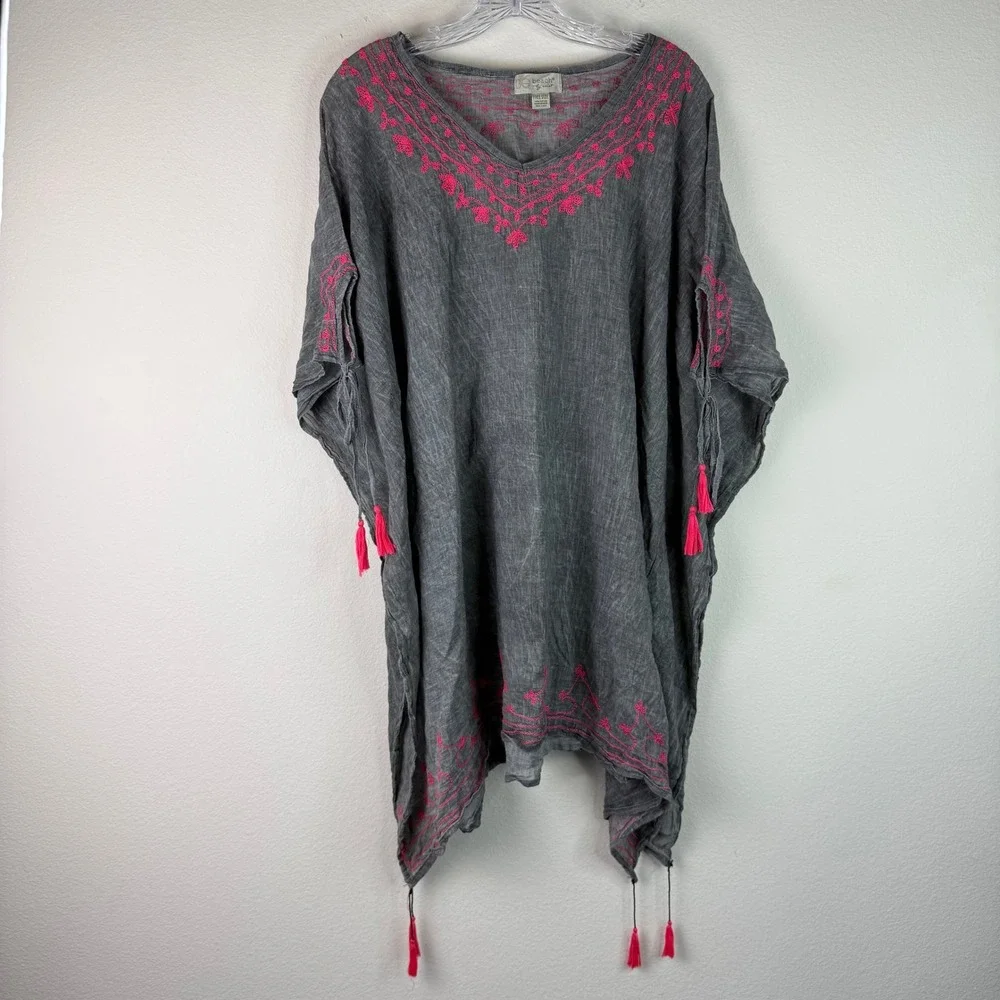 Beach by Exist Kaftan Womens OS Grey Pink Embroidered Tassel Cotton Cover Up